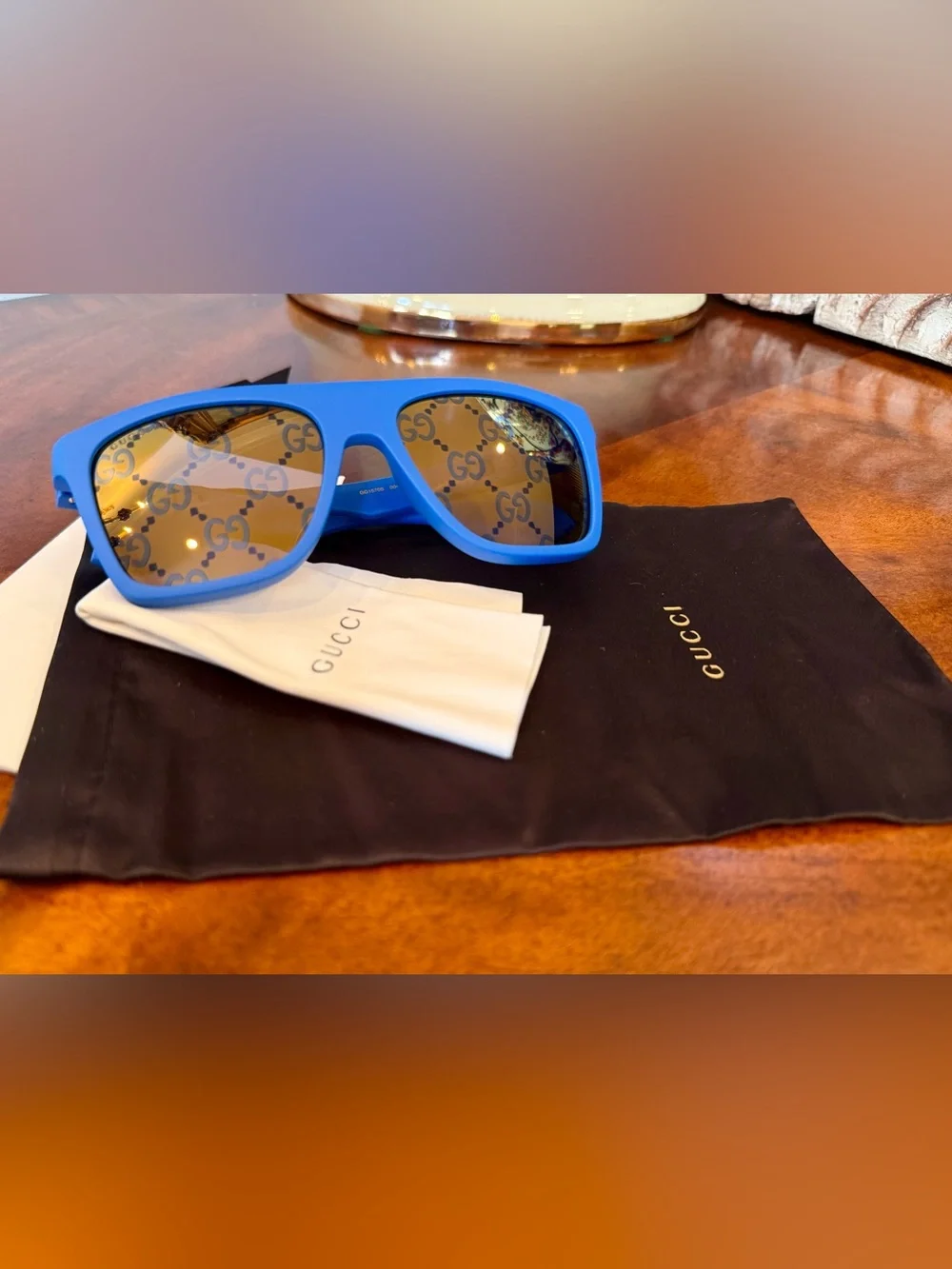 New Unisex GUCCI GG1570S FLAT TOP SUNGLASSES IN BLUE LOGO MIRROR
